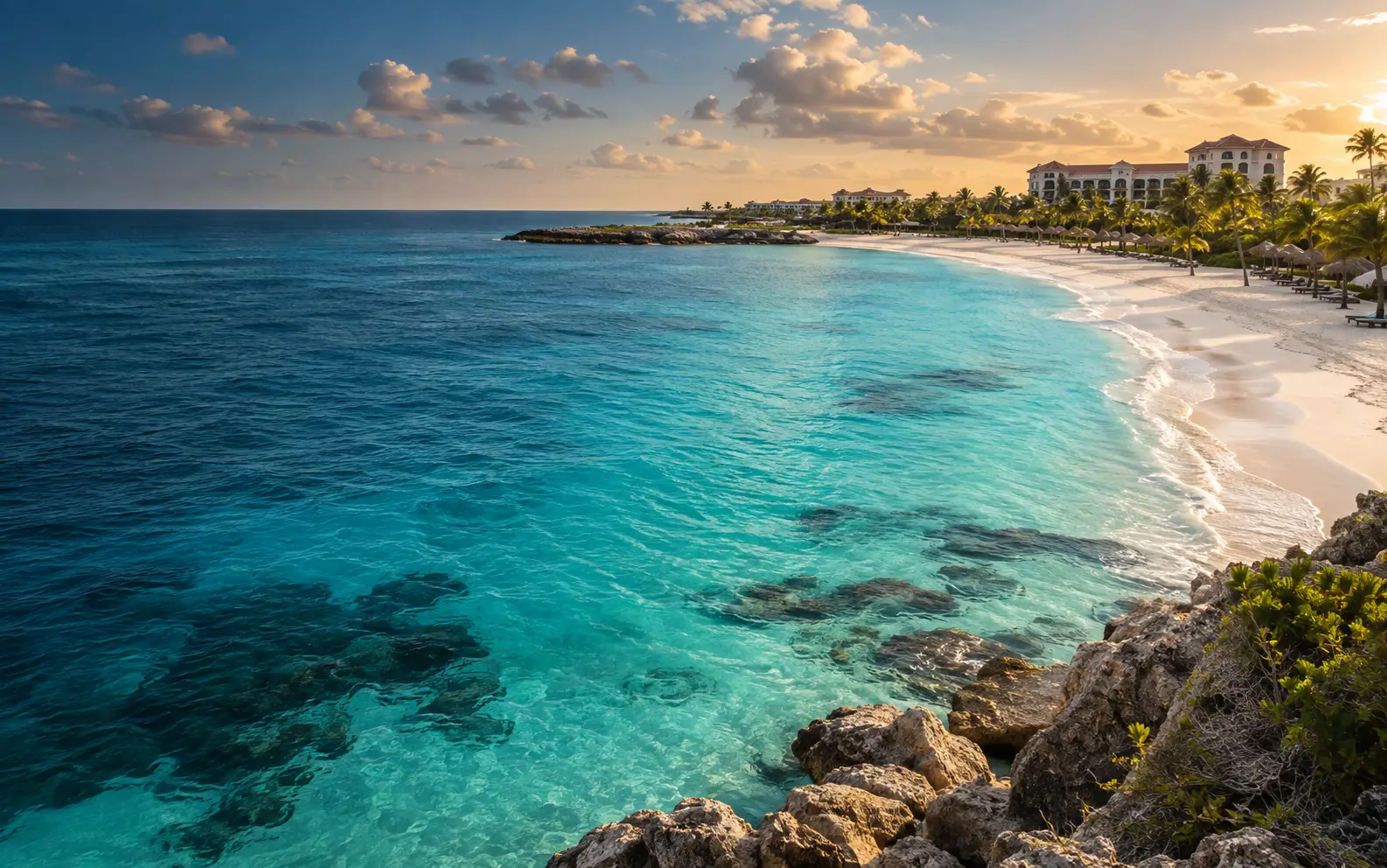 A calm turquoise shoreline at golden hour